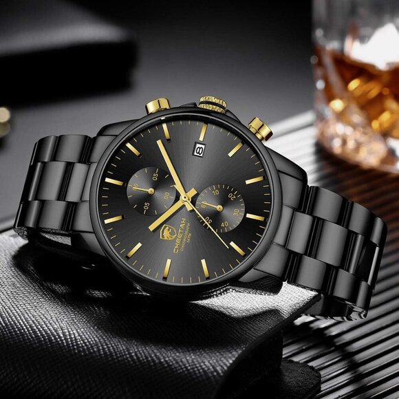 GOLDEN HOUR Men's Black Stainless Steel Chronograph Watch Waterproof Auto Date - Picture 4 of 8